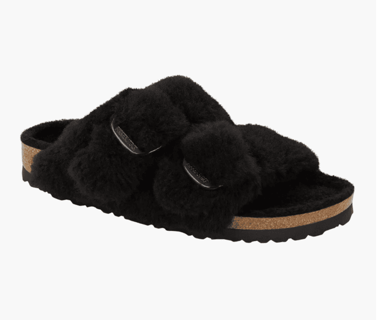 Black Shearling Double BUckle Slide